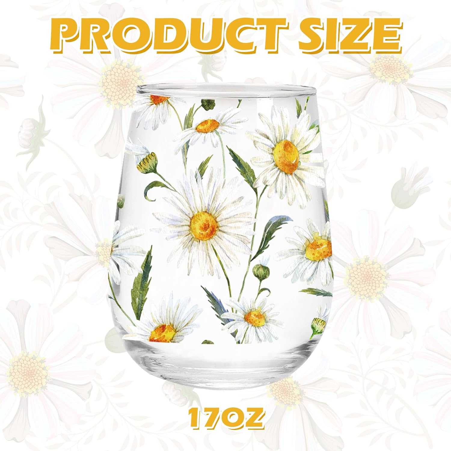 Whaline 2 Pcs Spring Stemless Wine Glasses 17 Oz Watercolor Daisy Drinking Glasses Daisy Flower Tumbler Cups for Party Supplies Gifts