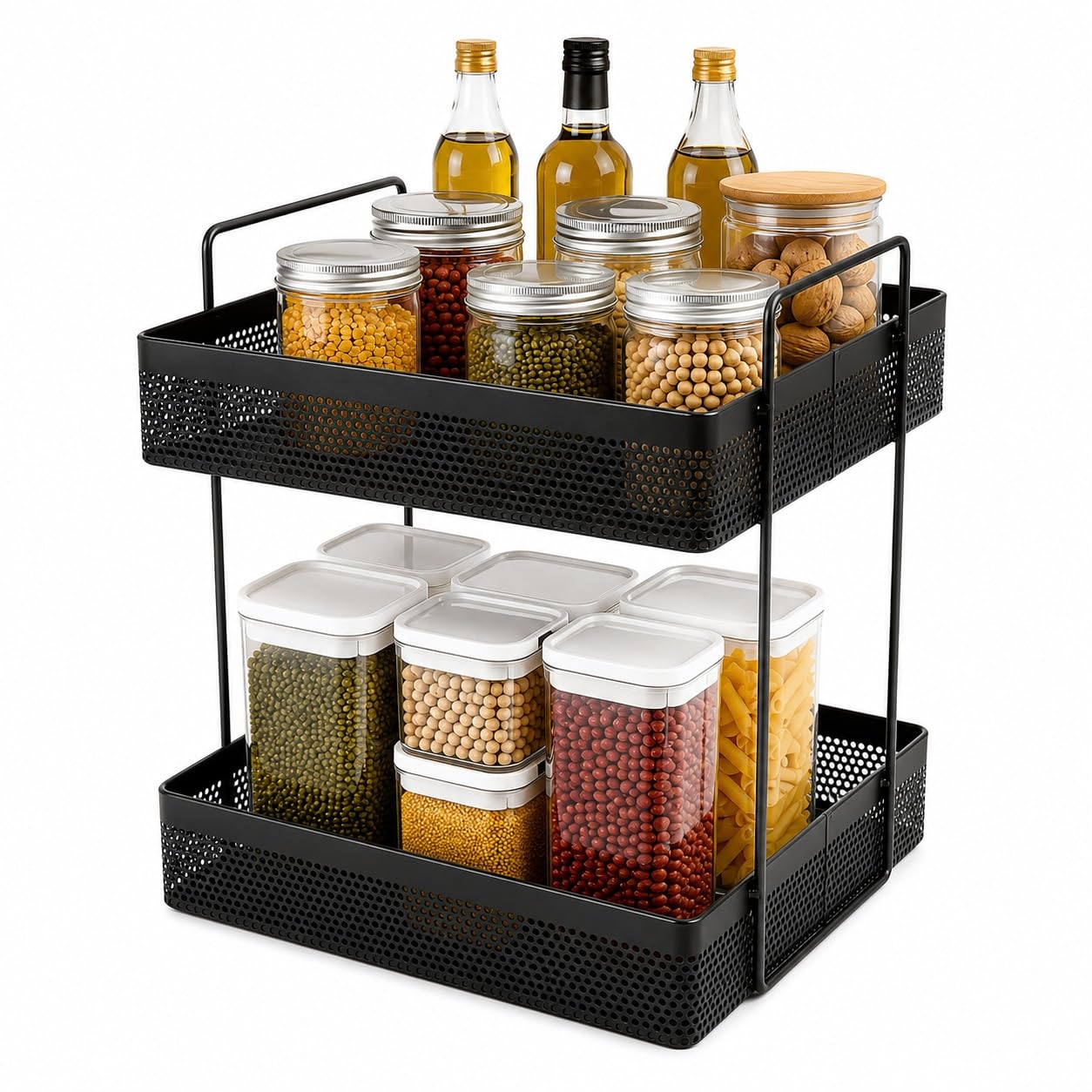 PLANX 2-Tier Metal Square Kitchen Rack Stand Organiser, Multipurpose Storage Shelf for Dresser Cosmetic & Bathroom Vanity Storage Rack Shelf (Dark Black)-image-21