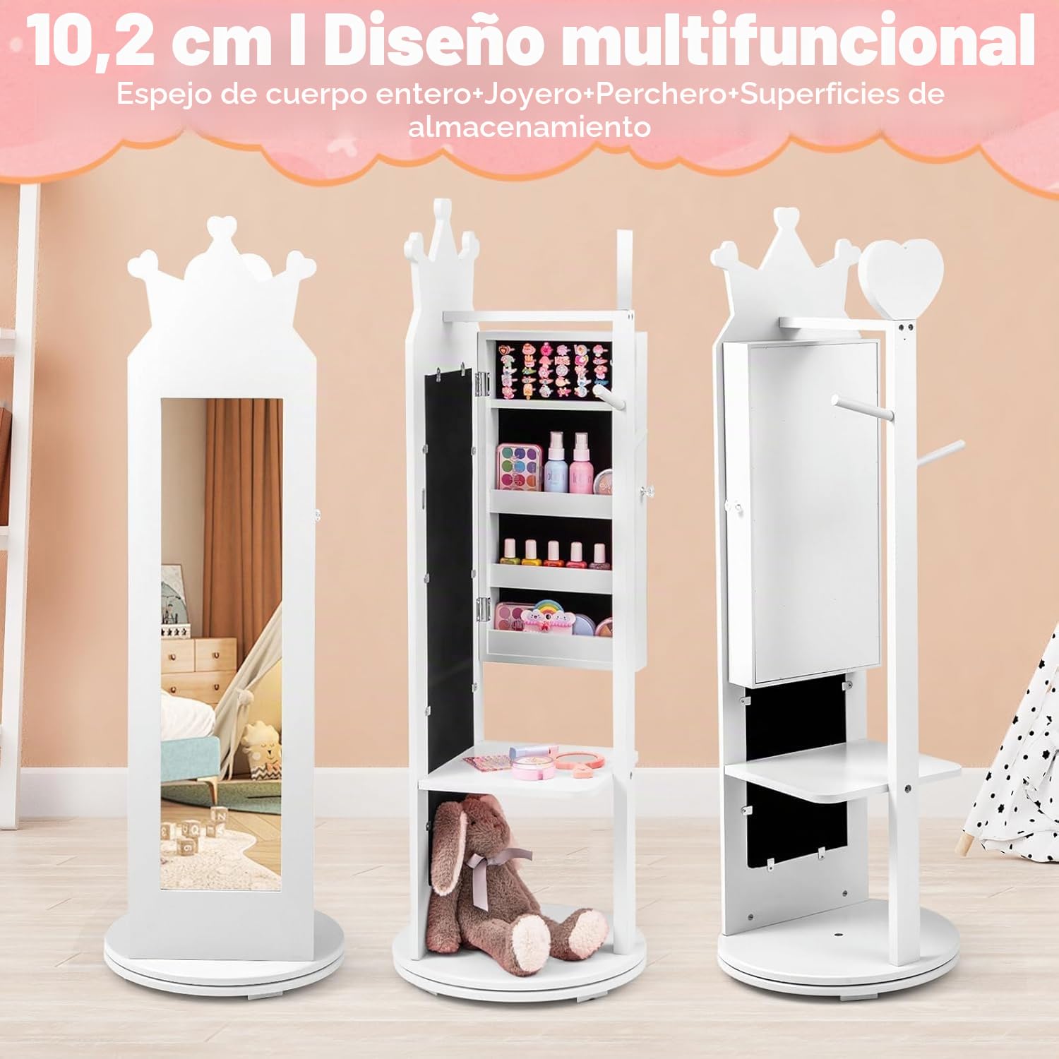 FANTASK Armario para joyas infantil giratorio 360°, armario con espejo 4 en 1 con espejo de cuerpo entero y perchero, organizador de joyas para niñas en blanco, soporte para joyas para niños a partir