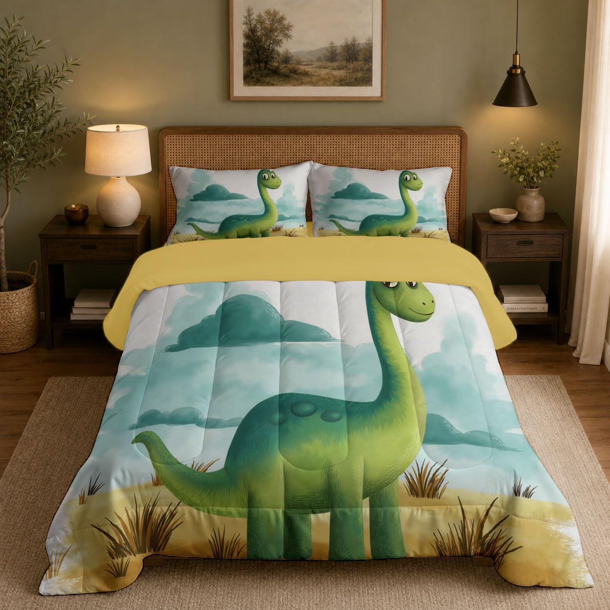 Animation Theme Comforter Set King Size, Cartoon Dinosaur Bedding Set for Girls Boys, Green Quilt Bed 104"X90" Bedding Comforter Sets with 2 Pillowcase Room Decor