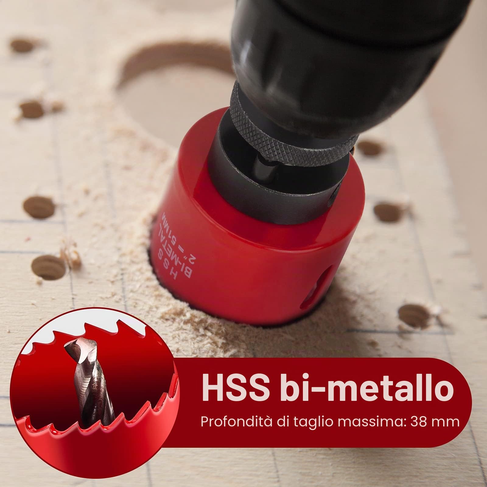Sega a tazza bimetallica 17 pezzi con 11 lame per sega da 19 a 68 mm con 2 aste, 3 trapani, 1 chiave esagonale per alluminio, legno, piastra in PVC e piastra in plastica