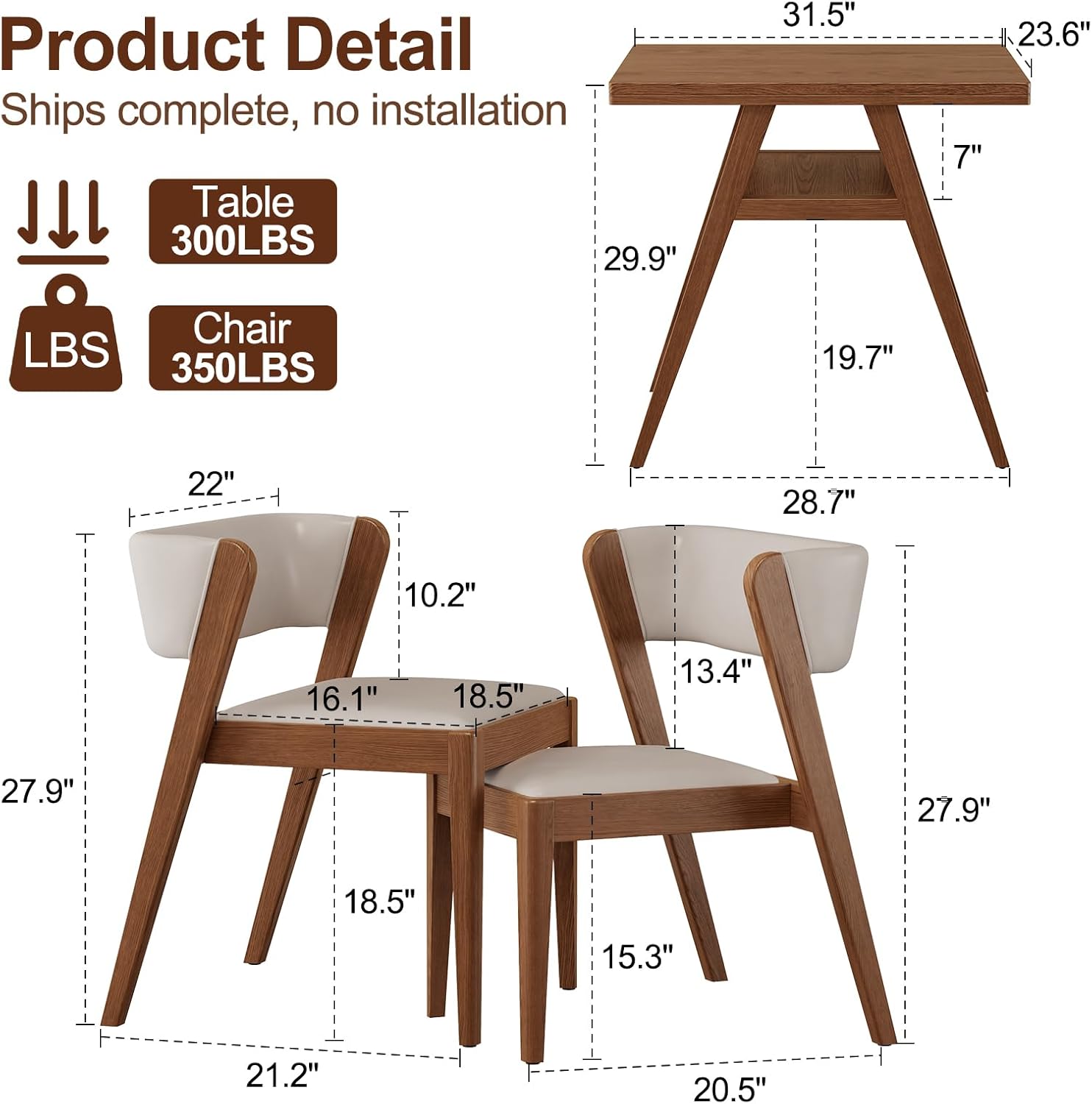 soild wood 3-Piece Bistro dining table set,Bistro Stacking table and chairs set of 2 with Padded Seat, Dinette for Kitchen, Dining Room, Patio,Tavern, Balcony,Compact Space-Saving (Walnut)