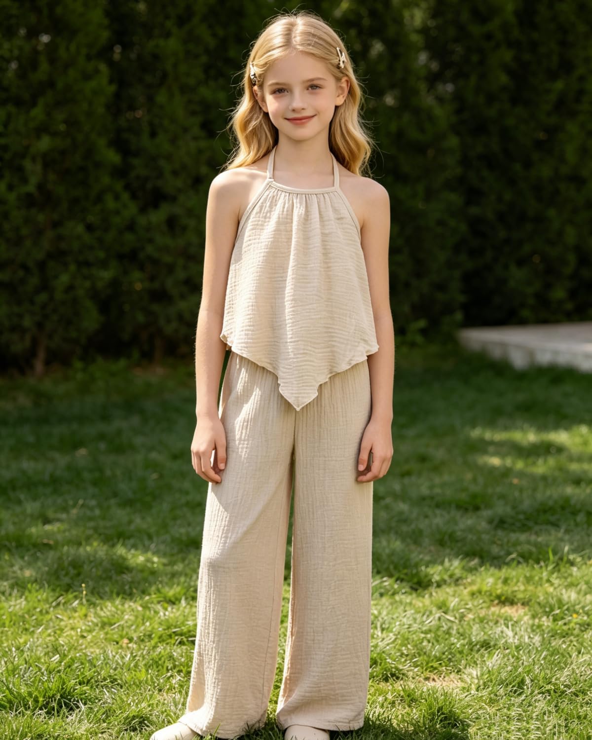 Tween Girls Summer Clothes 2 Piece Outfit Set Halter Neck Strap Cami Top Wide Leg Pants Size 7-14 Years