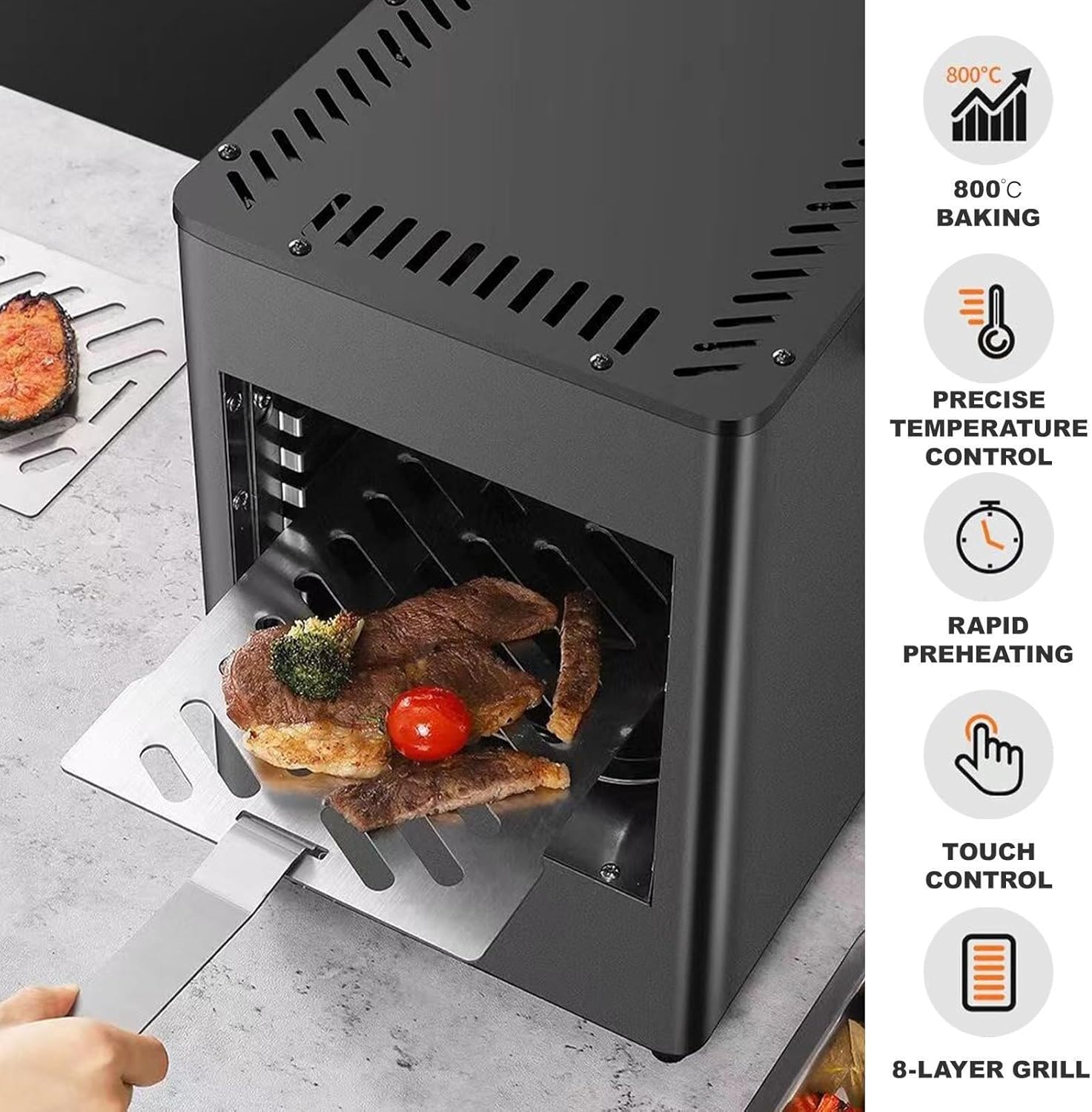 Portable Countertop Oven，Commercial Broiler 1700w,8 Layer Grill,Stainless Steel Meat Veggies Grill Max Heats up to 800,Adjustment 30min Timing,(Gray)