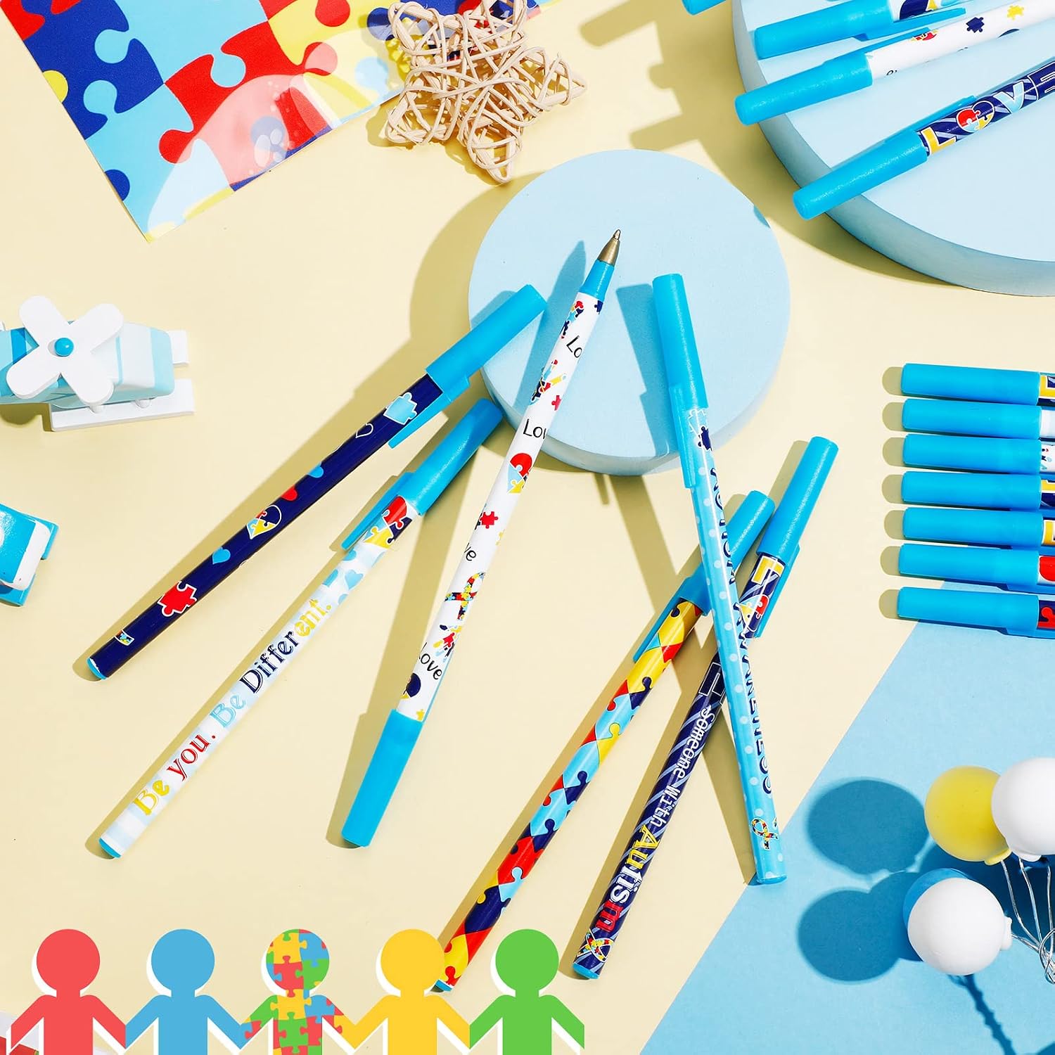 Geyee 150 Pack Autism Awareness Pens Bulk Awareness Gift Stuff Accessories Colorful Puzzle Pieces Pen with Inspirational Words for Events, Support Groups, Mom, Fundraisers, School Supplies Decor