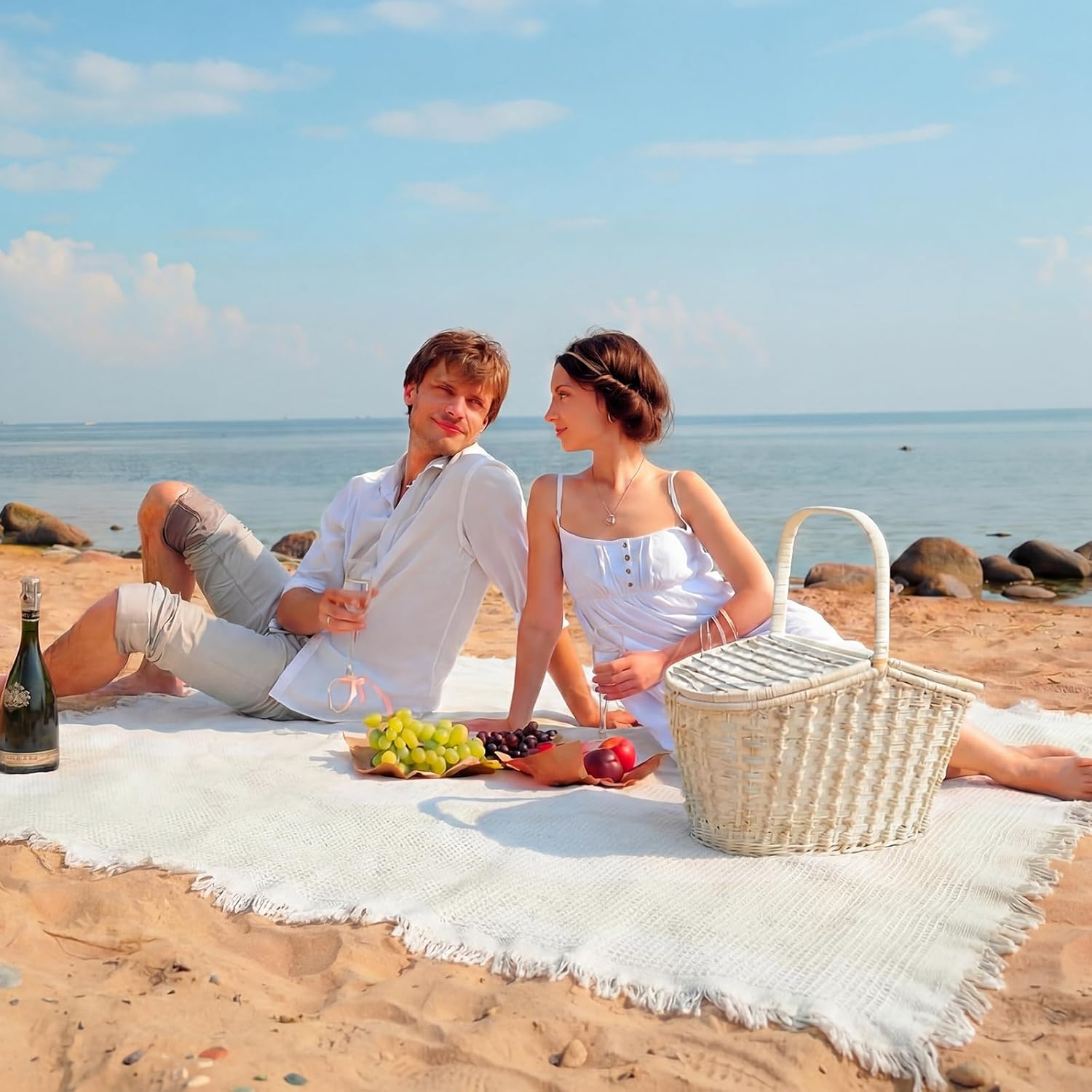 Giant Beach Blanket with Fringe 91 x 71 Inch Waffle Woven Cotton Oversize Yarn Outdoor Picnic Blanket Bohemia Sandproof Beach Towel for Spring Summer Camping Accessories(Milky White)