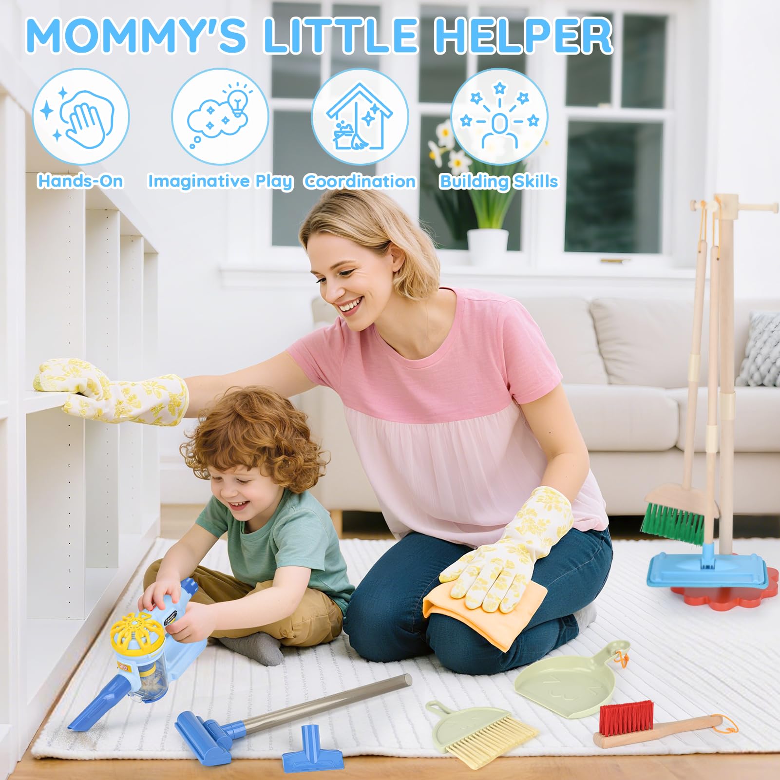 Dreamon Aspirateur pour enfant avec fonction d'aspiration et sonore, 11 pièces, kit de nettoyage, jouet en bois, balai pour enfants à partir de 3 ans