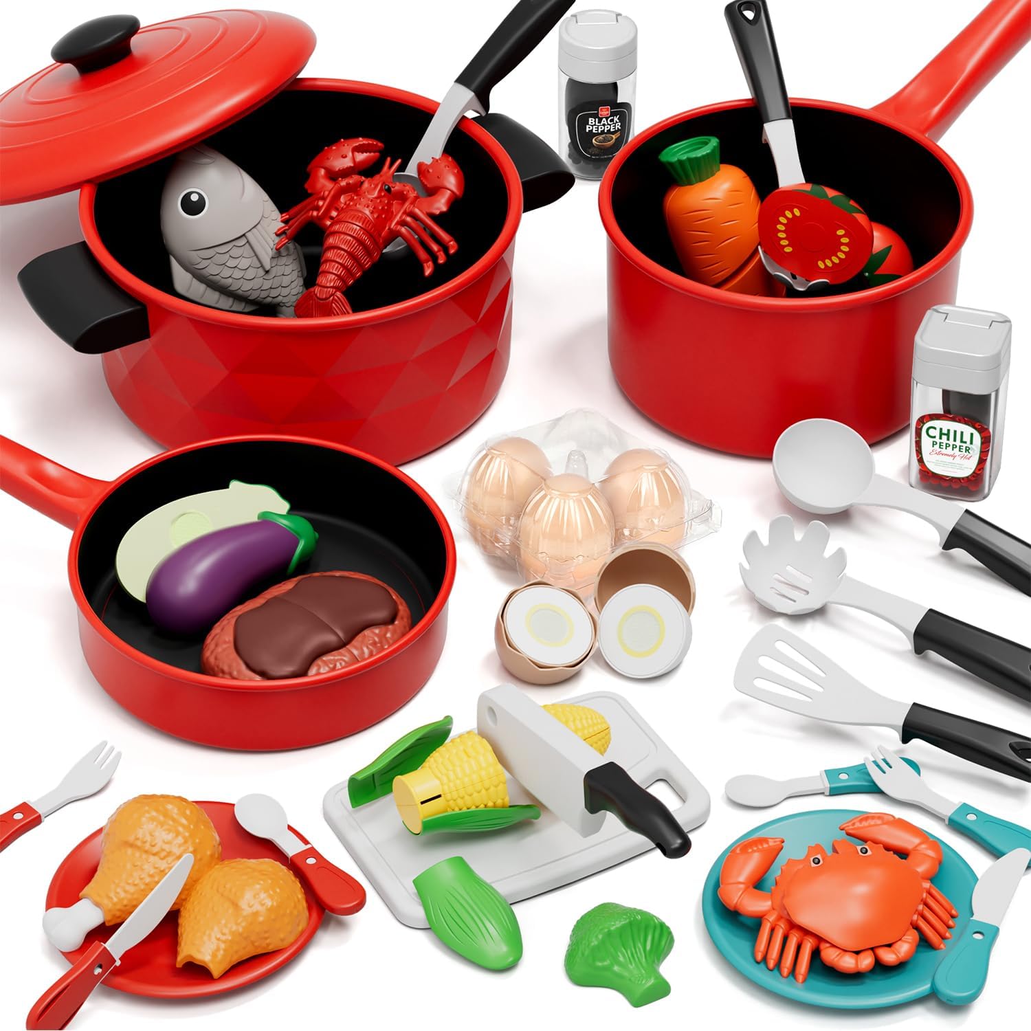 Lehoo Castle Play Kitchen Accessories, Play Pots and Pans Sets for Kids Kitchen, Play Food Sets for Kids, Toddler Cooking Set with Utensils, Toy Foods for Toddlers 3-5, Toys for 3+ Years Old Girls