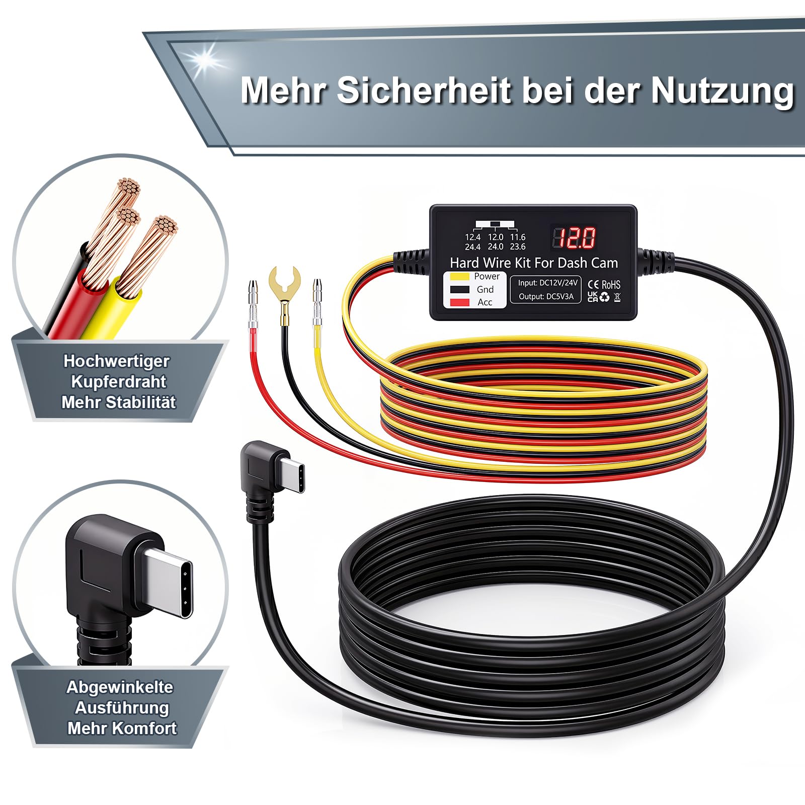 Valchoose Dashcam Hardwire Kit USB-C, 12V/24V auf 5V, 24 Std. Parkmodus, Niederspannungsschutz, Einfache Installation, hardwire kit dashcam, nur für EIN-Kanal USB-C Dashcams