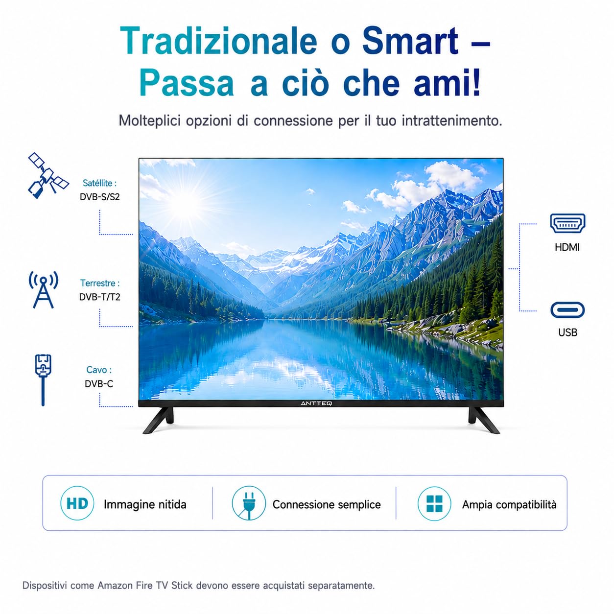 Antteq TV 32 Pollici (81 cm) LED HD Triple Tuner DVB-T2/S2/C HDMI USB H.265/HEVC 10bit Audio Dolby E32-AH1Q1L