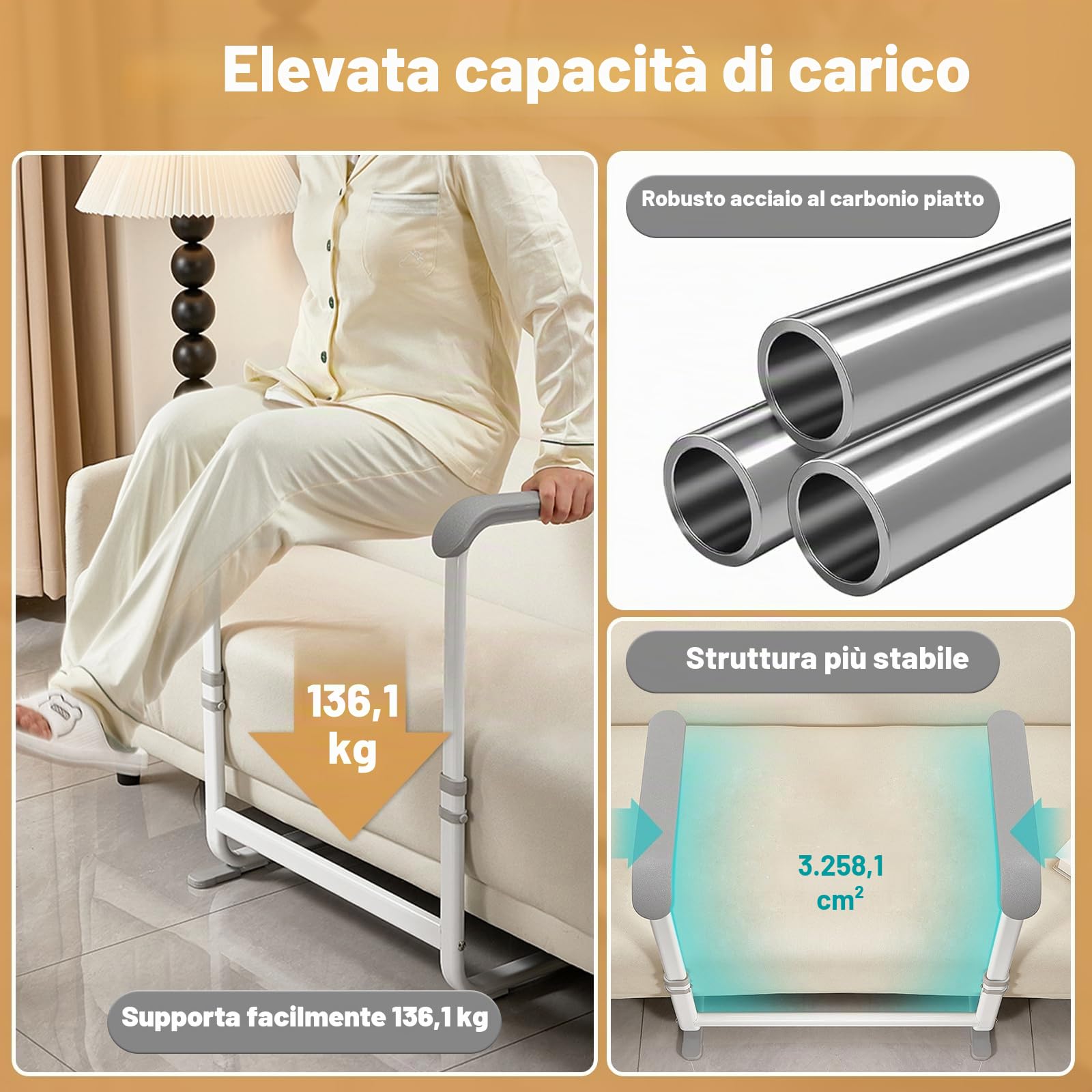 Garvee Ausilio Regolabile per Alzarsi: Maniglia di Supporto in Acciaio al Carbonio, 6 Livelli di Altezza, Barra Sicurezza Antiscivolo, per Anziani e Disabili, per Sedia, Divano o Letto