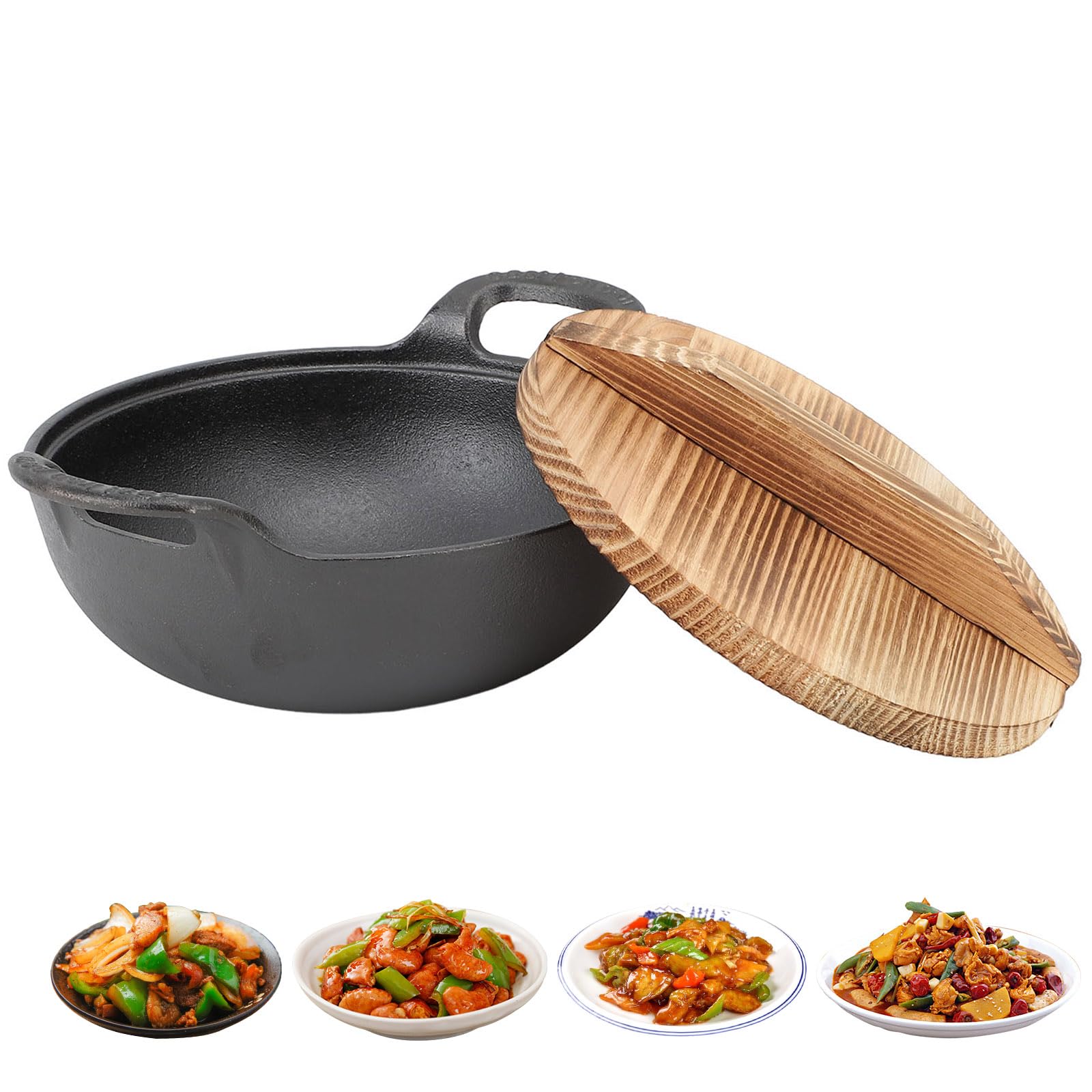 Cast Iron Wok with Lid 10.6"– Heavy Duty Non-Stick Stir Fry Pan, Flat Bottom, Traditional Chinese Cookware for Gas, Electric & Induction Hobs –Durable & Easy to Clean