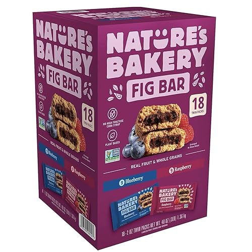 Nature's Bakery - Barra de higos, 18 paquetes individuales de 2 onzas, barra de aperitivos, paquete variado, arándanos y frambuesa, trigo entero,