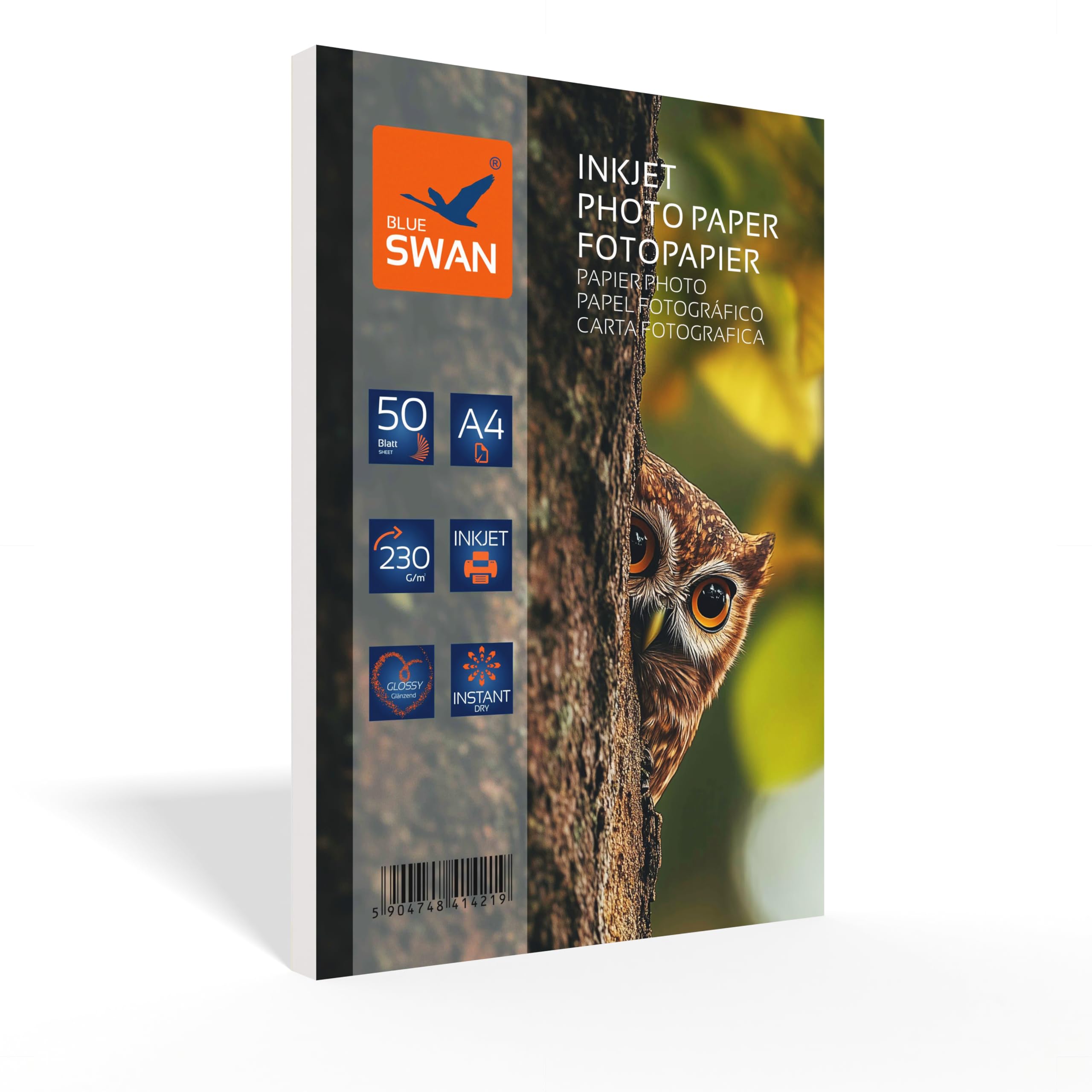 BLUE SWAN Carta Fotografica Lucida A4, 230 g/m² Extra Spessa, 50 Fogli – Bianco Lucido, Asciugatura Rapida, Resistente all’Acqua e ai Graffi, Compatibile con Stampanti Inkjet