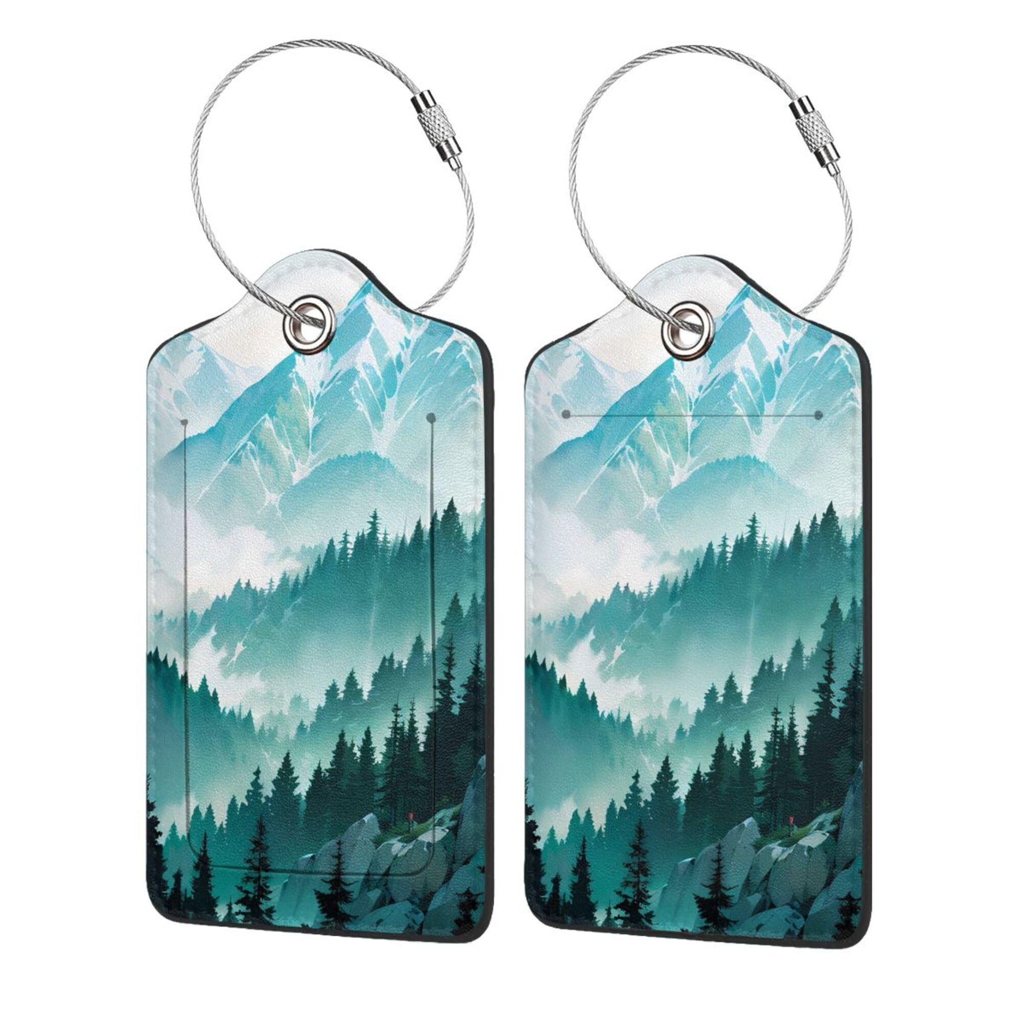 2 Pack Luggage Tags Travel Green Mountains Peaks Spectacular PU Cute Leather Luggage Tag Name ID Labels with Privacy Cover Suitcases Women Men Girls
