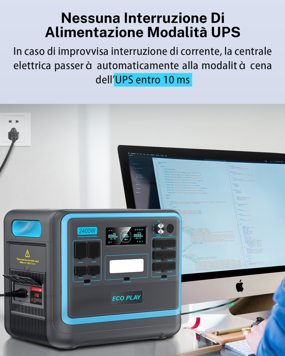 Centrale Elettrica 2400 W con Carrello a Mano, Generatore Eco Play Con Batteria Lifepo4 da 2048 Wh, Ricarica Rapida 1,8 ore, Alimentazione di Emergenza/Campeggio/RV