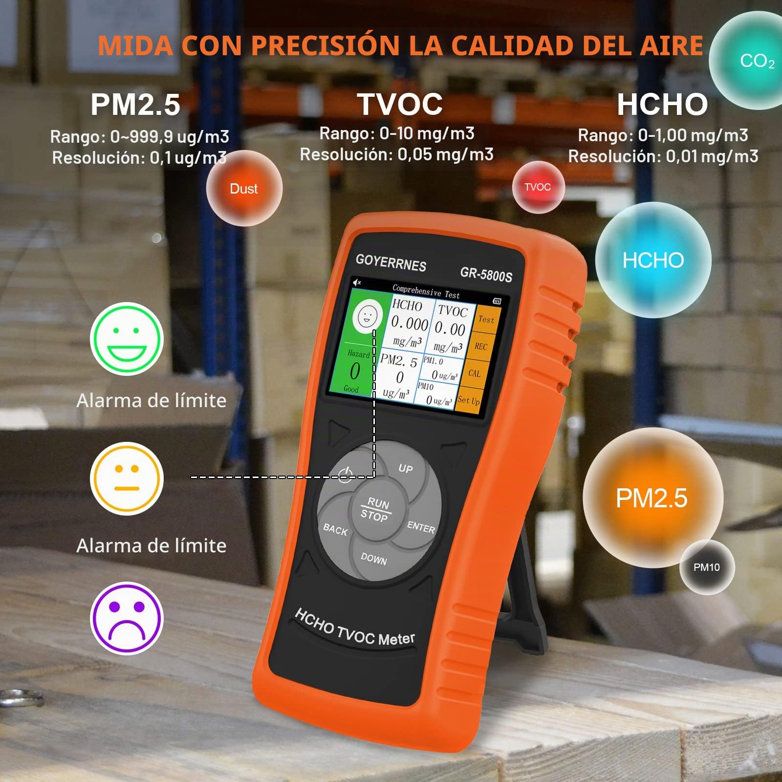 medidor Calidad Aire Interior 3-in-1,GR-5800S Detector HCHO/TVOC con Contador de partículas PM2.5,Detector de Gas de Aire Multifuncional con Pantalla de LCD Grande (Naranja)