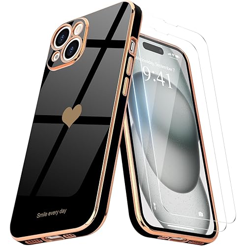 Teageo for iPhone 15 Plus Case with Screen Protector [2 Pack] Girl Women Cute Girly Love-Heart Luxury Gold Soft Cover Camera Protection Bumper Silicone Shockproof Phone Case iPhone 15 Plus, Black