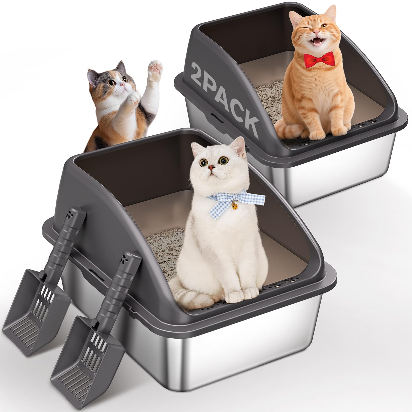 2PACK Stainless Steel Cat Litter Box,Large Litter Box with High Sides for Small Multiple Cats,Kittens,Metal Kitty Litter Boxes with Anti-Leak Lid,Non-Stick,Odorless,Easy to Clean,Scoop Included