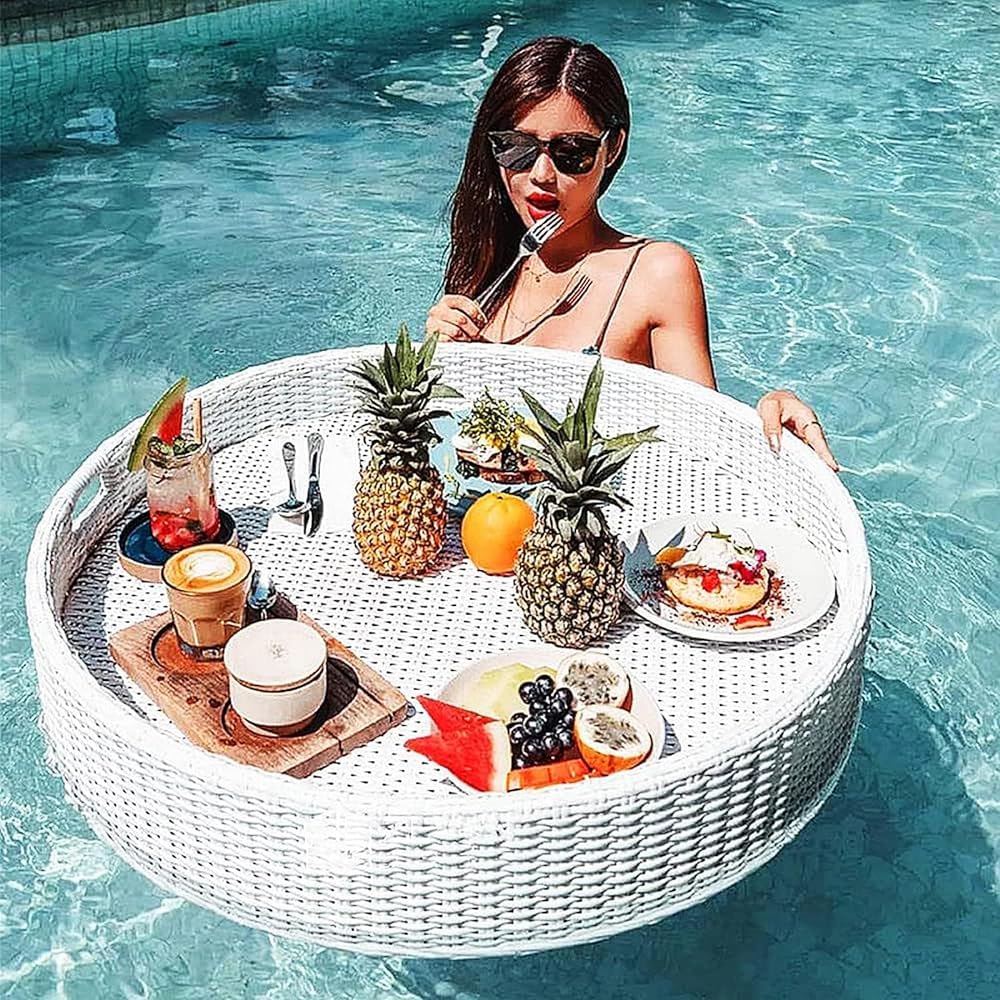 Bandeja flotante para piscina, bandeja de servir tejida de ratán para barra de arena, spa, baño, fiesta, soporte impermeable para bebidas al aire libre