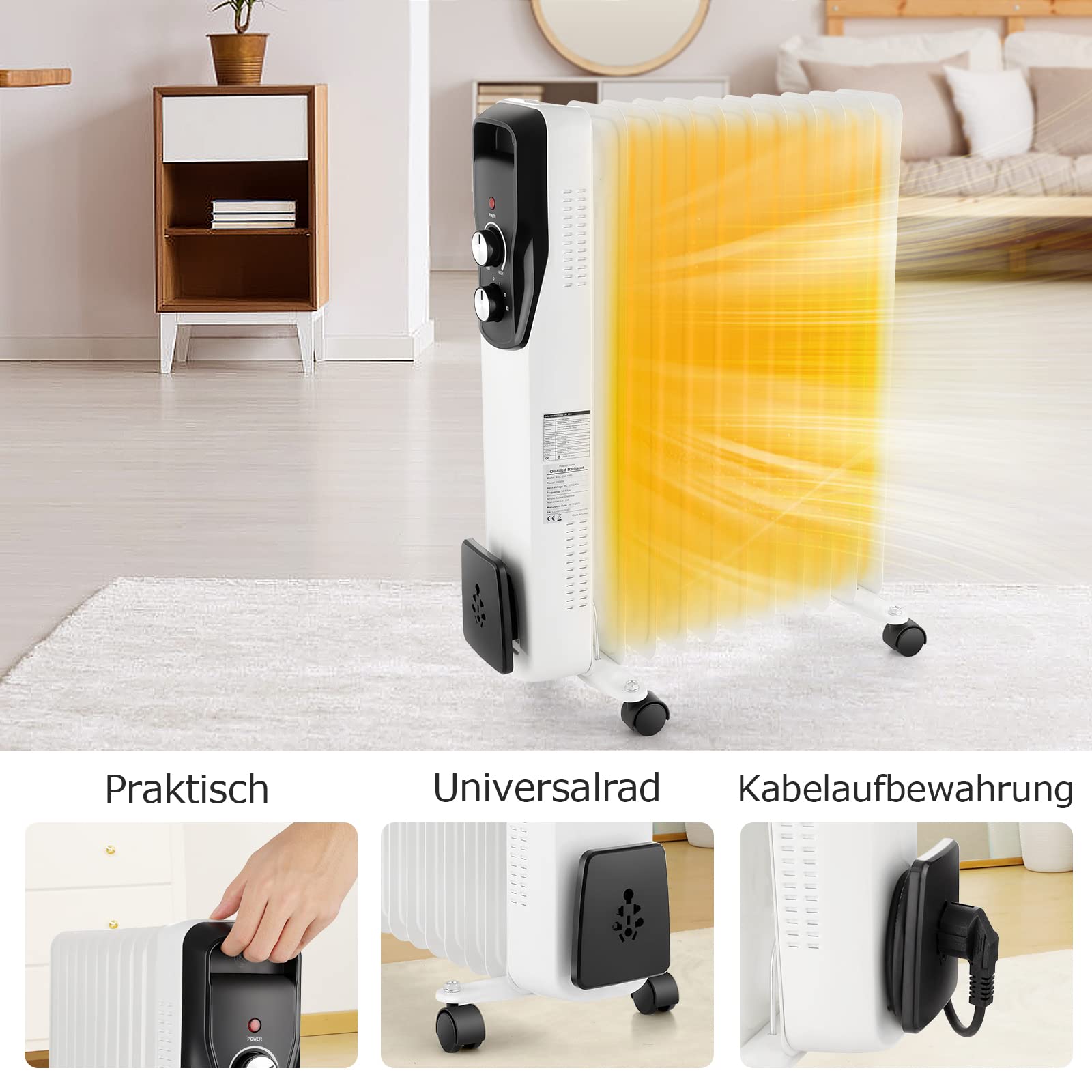 COOCHEER Radiador de Aceite, 2500 Radiador Eléctrico de Aceite, 3 Niveles, Recogecables, Termostato Regulable, Ruedas Giratorias, Protección sobrecalentamiento