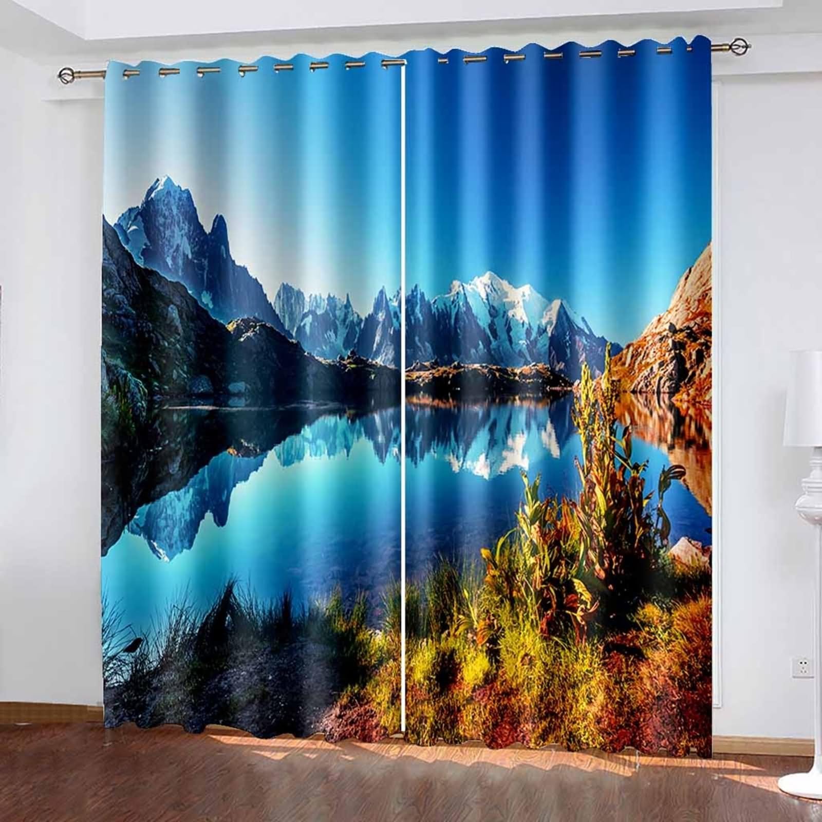 Rideau Occultant Fenetre Cuisine, Rideau Bleu Paysage du Lac Snow Mountain Polyester Lot de 2 204x138cm