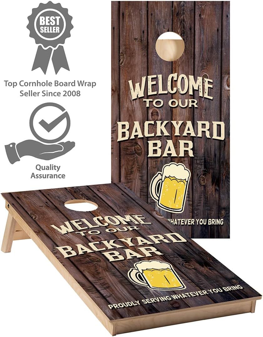 Cornhole Wraps #440 -Welcome to Our Backyard Bar - Cornhole Game Graphic Decals - Includes Application Squeegee - Set of (2) 25" x 49" Wraps with Gloss Laminate