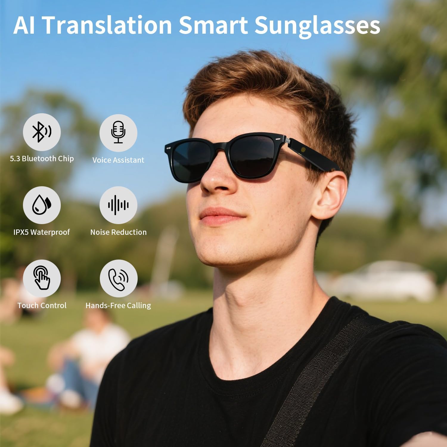 AI Smart Glasses with ChatGPT, Bluetooth Glasses for Women & Men, Free App, AI Translation Glasses with 164 Languages, Smart Sunglasses with Speakers, Travel/Work (Black)