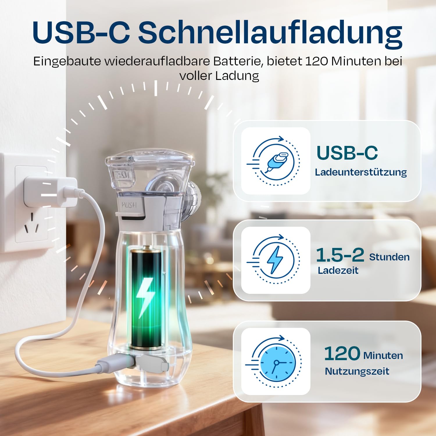 Tragbarer Inhalationsgerät, Leiser Inhaliergeräte für Erwachsene, über USB-C Aufladbarer Inhalator für alle Altersgruppen, einstellbarer Sprühnebel, mit Selbstreinigungsfunktion