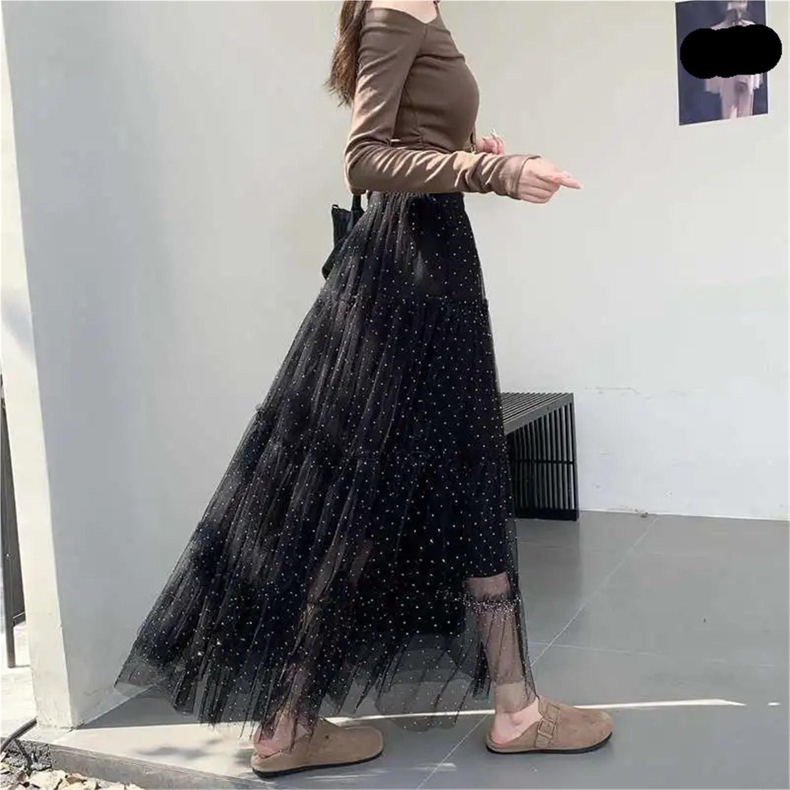 Gonna Lunga a Trapezio da Donna a Rete a Mezza Lunghezza Primavera | Gonna a rete Gonna a mezza lunghezza Gonna in fibra di poliestere a pois con paillettes nere primaverili