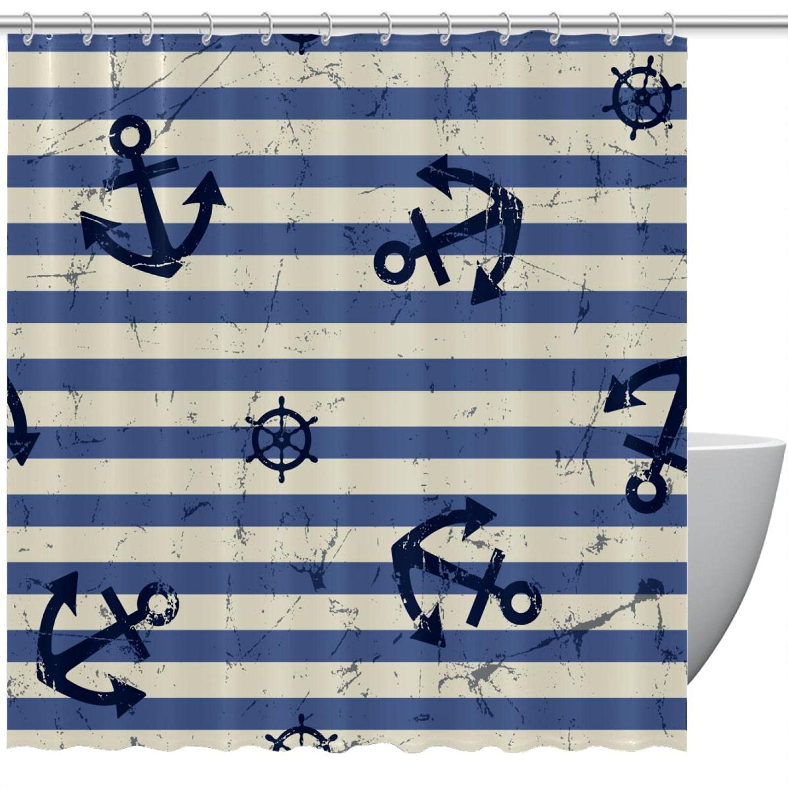 Rideau de douche aquarelle rayures ancre 183x183 textile salle de bain