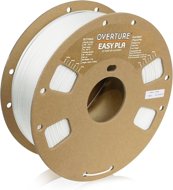 OVERTURE Easy PLA 1.75mm 3D Printer Filament, 1kg Cardboard Spool (2.2lbs), Dimensional Accuracy +/- 0.03mm, Fit Most FDM Printer (Easy White)