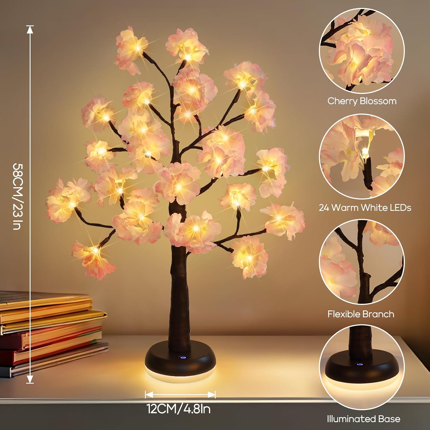 Artificial Cherry Blossom Tree Lights: 23IN Lighted Cherry Blossom Tree with LED Lights, Battery and USB Plug Tree Lamp, Fairy Night Light for Home Wedding Bedside Home Decor image 4