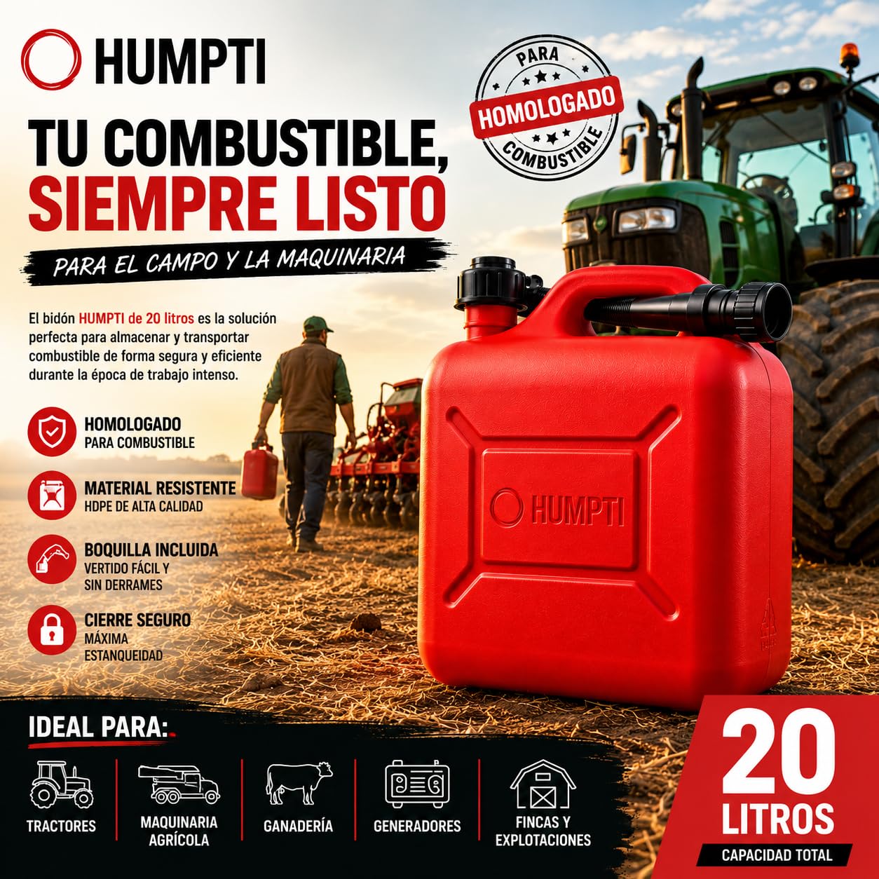 Garrafa Gasolina 20L Homologada Pack de 6 - Bidón Combustible Plástico con Visor de Nivel - Bidones para Gasolina y Gasoil Homologados 120 Litros - Rojo