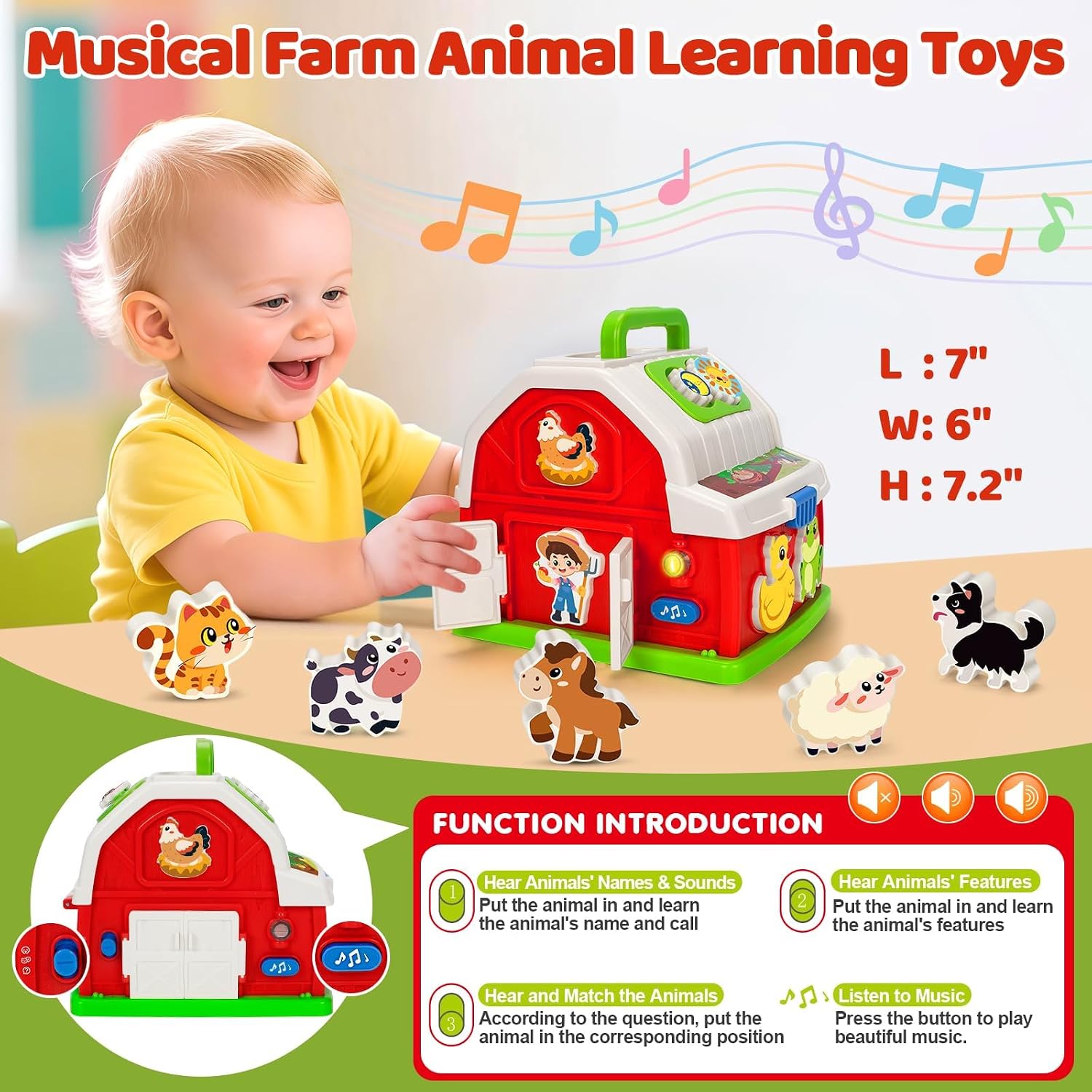 Toys for 1 2 3 Year Old Boys Girls, Farm Animal Toys with Musical for Kids image 2