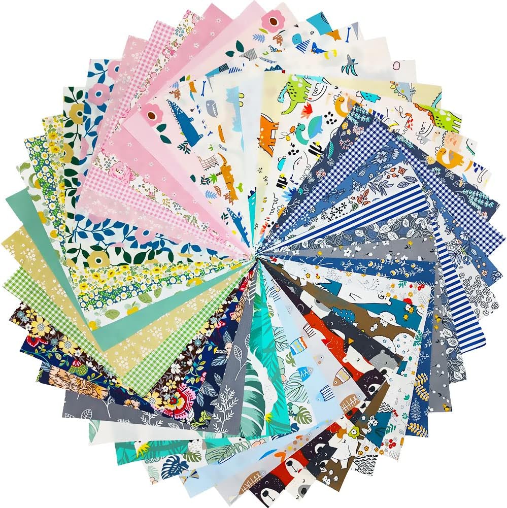 Quilting Fabric, QiMicody 44pcs 100% Cotton 9.8” x 9.8”(25cm x 25cm) Fat Quarters Fabric Bundles, Pre-Cut Squares Sheets for Patchwork Sewing Quilting Crafting, No Repeat Patterns