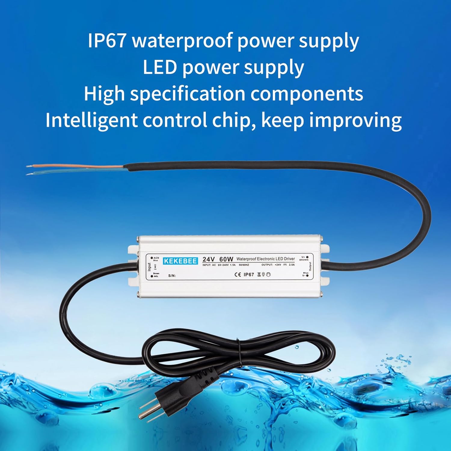 LED Driver 24V 60W Waterproof Switching Power Supply AC 90-240V to DC 24V 2.5A Low Voltage Transformer IP67 Converter Suitable for Indoor and Outdoor LED Strip Lights and Light Strings
