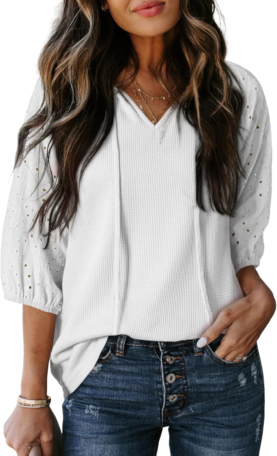 Dokotoo Women's Waffle Knit V Neck Tops Puff Sleeve Tunic Blouse Casual Summer Eyelet Shirts