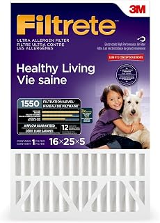 Filtrete 16x25x5 (4.31 Actual Depth) MPR 1550 Pleated AC Furnace Air Filter, Healthy Living Allergen Reduction, 1-Pack