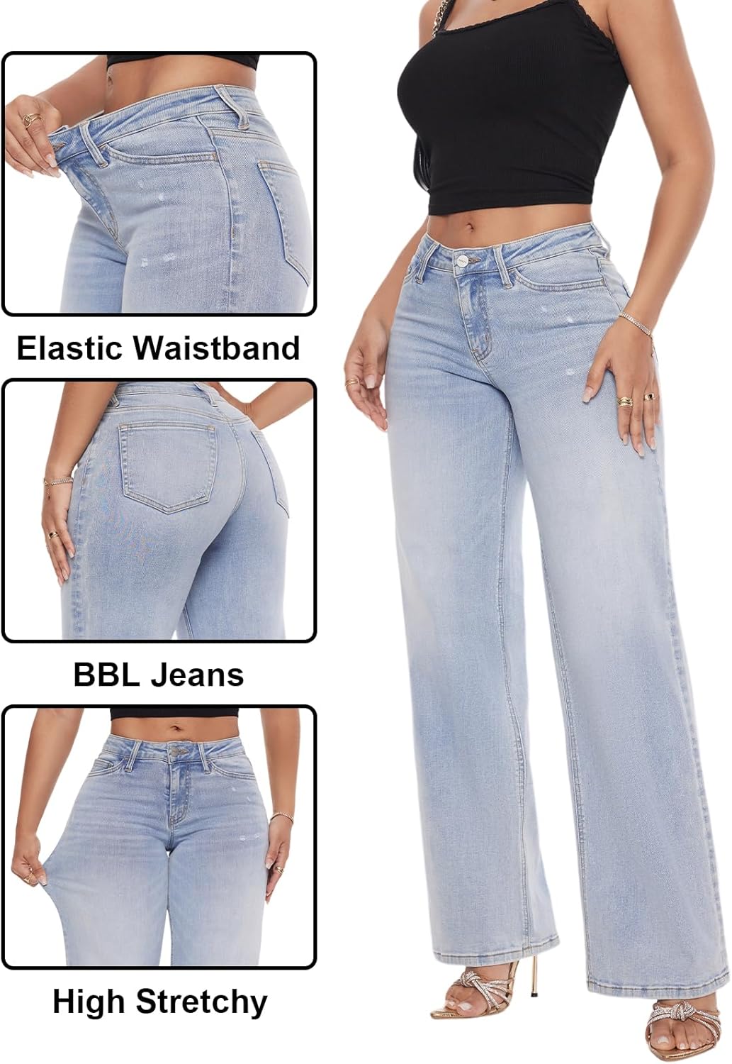 ONESO Mid-Low Rise Baggy Jeans Wide Leg for Women Distressed Pants Stretchy Bottom Lady Basic Comfortable Denim