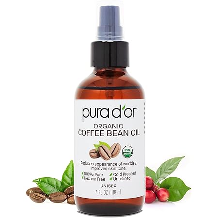 PURA D'OR Organic Coffee Bean Oil (4oz / 118mL) 100% Pure USDA Certified Premium Grade Natural Moisturizer, Cold Pressed, Unrefined, Hexane-Free Base Carrier Oil for DIY Skin Care For Men & Women