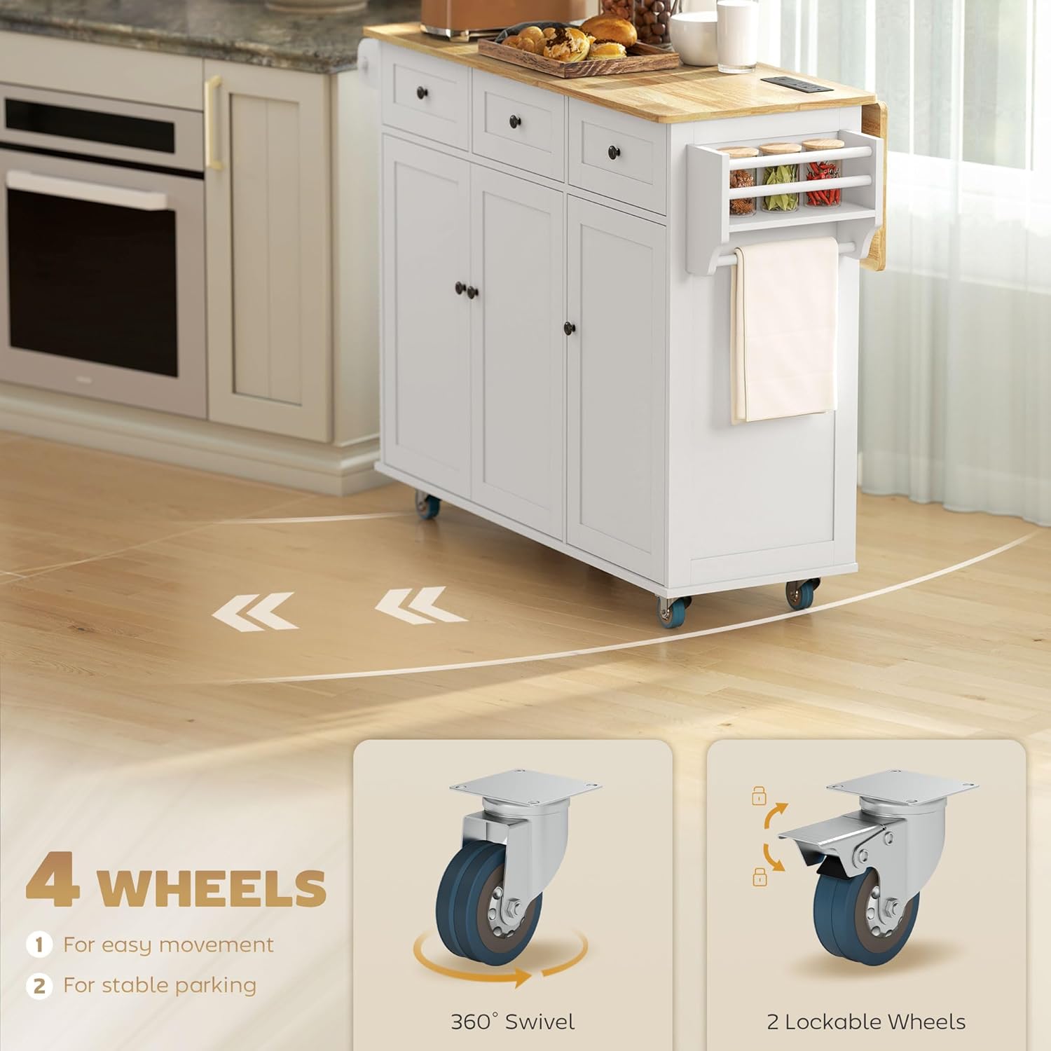 HOMCOM Kitchen Island with Drop Leaf and Power Outlet, Rolling Cart with Storage Cabinets, Solid Wood Island Table on Wheels for Kitchen with 3 Drawers, Towel Bars, Spice Rack, White