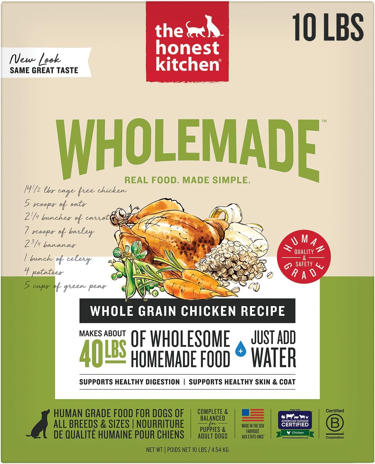 - The Honest Kitchen Human Grade Wholemade™ Dehydrated Whole Grain Dog Food - Complete & Balanced Meal or Topper - Chicken 10 lb Box