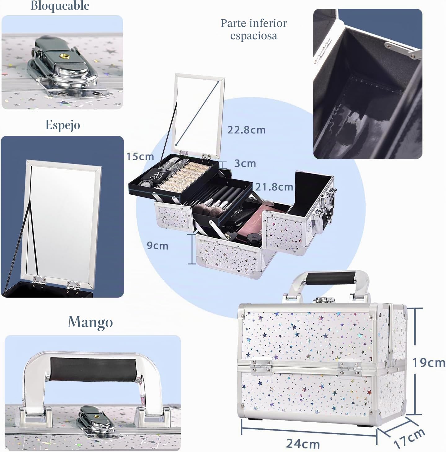 Joligrace Estuche organizador de maquillaje para cosméticos, caja de almacenamiento de belleza, caja de tocador con espejo con cerradura y llaves, Estrella holográfica blanca