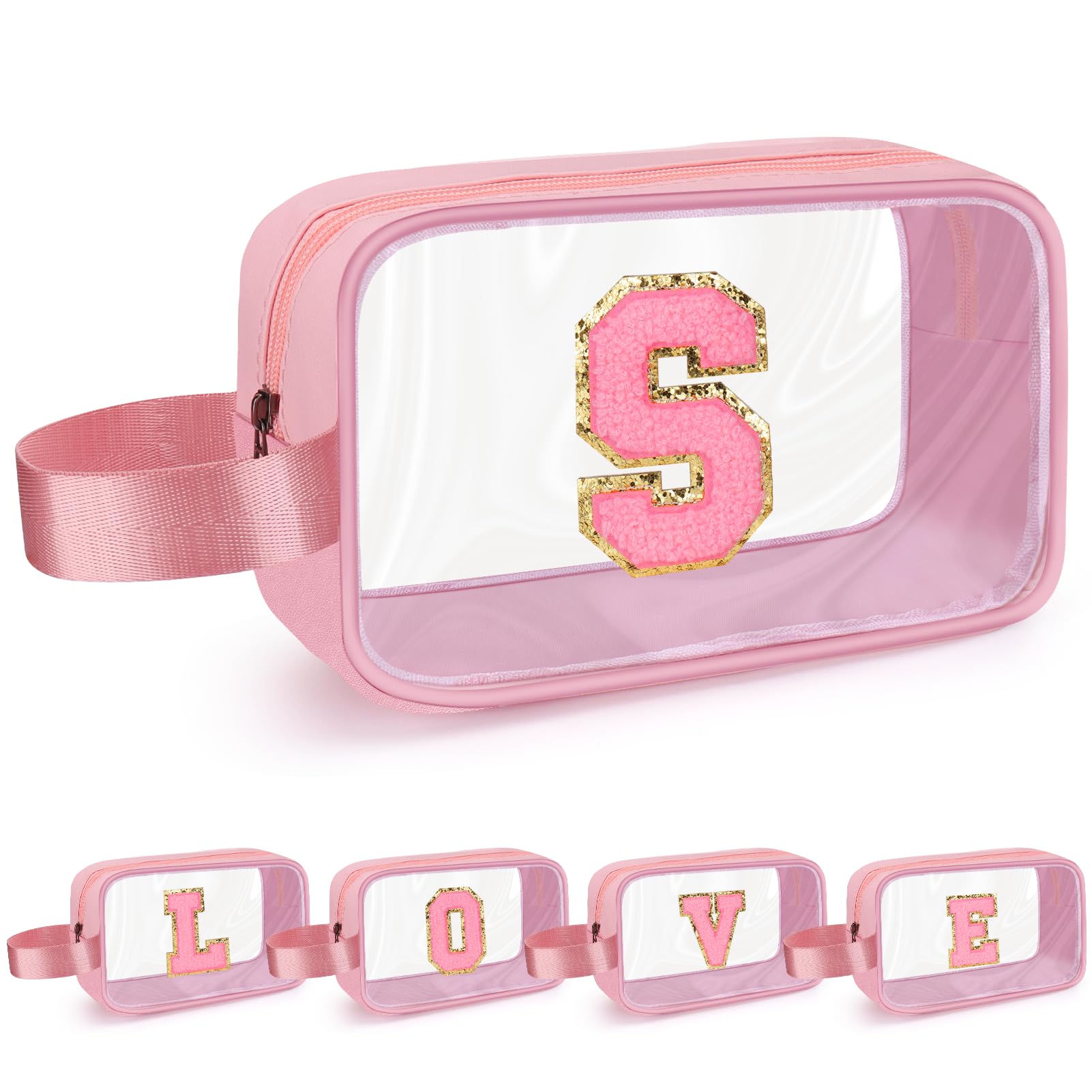 XANGNIER Clear Personalized Makeup Bag Initial Travel Toiletry Bag, 8.8''X2.7''X5.3''Size Pencil Pouch With Zipper and Handle Straps, Pink Gifts For Girlfriend Teacher Mom Brithday Mothers Day,S
