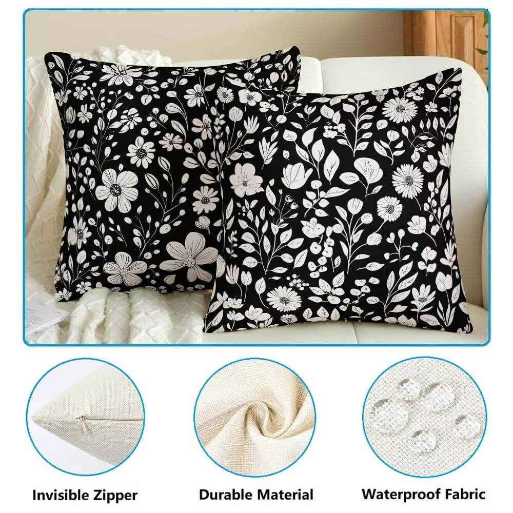 Federe Cuscini da Esterno Impermeabili 65x65 Bianco e Nero Copri Cuscini per Divano Floreale Federa Cuscino Primavera Decorativi Copricuscini per Divano Giardino Patio Soggiorno Set di 2 (IU197)