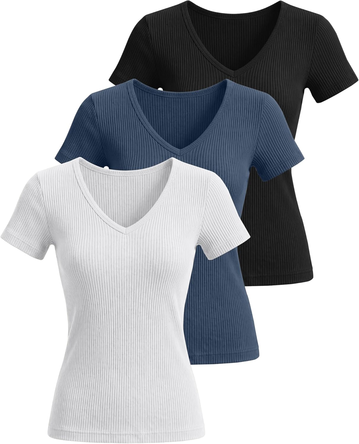 Ficerd 3 Pack Women's Short Sleeve Cotton T-Shirts V Neck Ribbed Slim Fit Tops Ladies' Casual Summer Basic Tee - Image 3