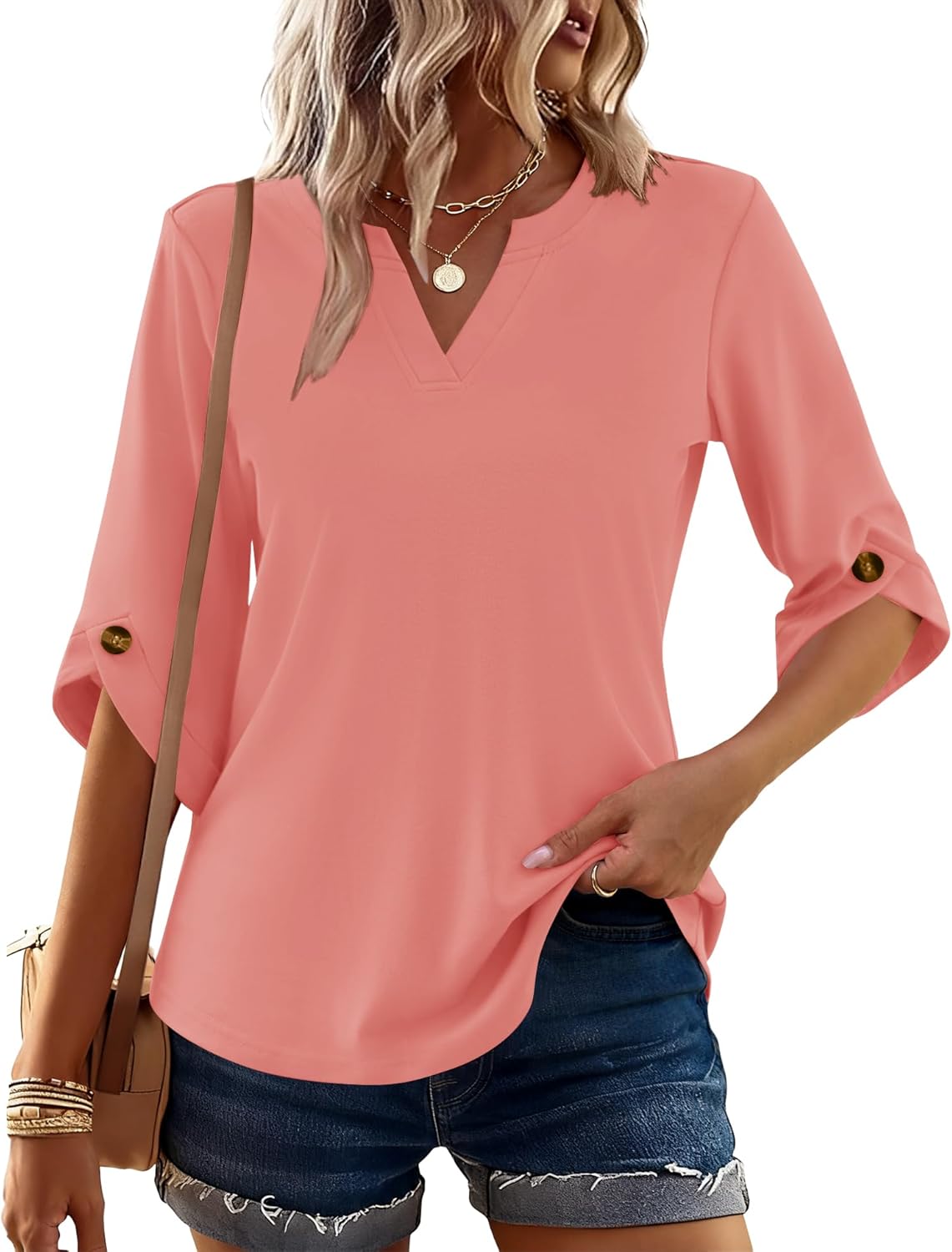 Kistore Womens 3/4 Length Sleeve Tunic Tops Casual V Neck Shirts Business Work Blouses Trendy Flowy Tees - Image 2