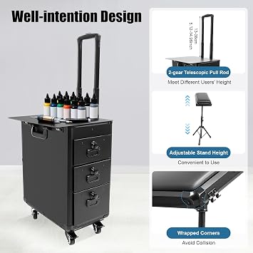 Rolling Makeup Train Case, 3 Drawer Beauty Rolling Case, Professional Makeup Trolley on Wheels, Tattoo Travel Case with Tattoo Armrest & Adjustable Tripod, 42 x 28 x 53 cm (Metal Panel)