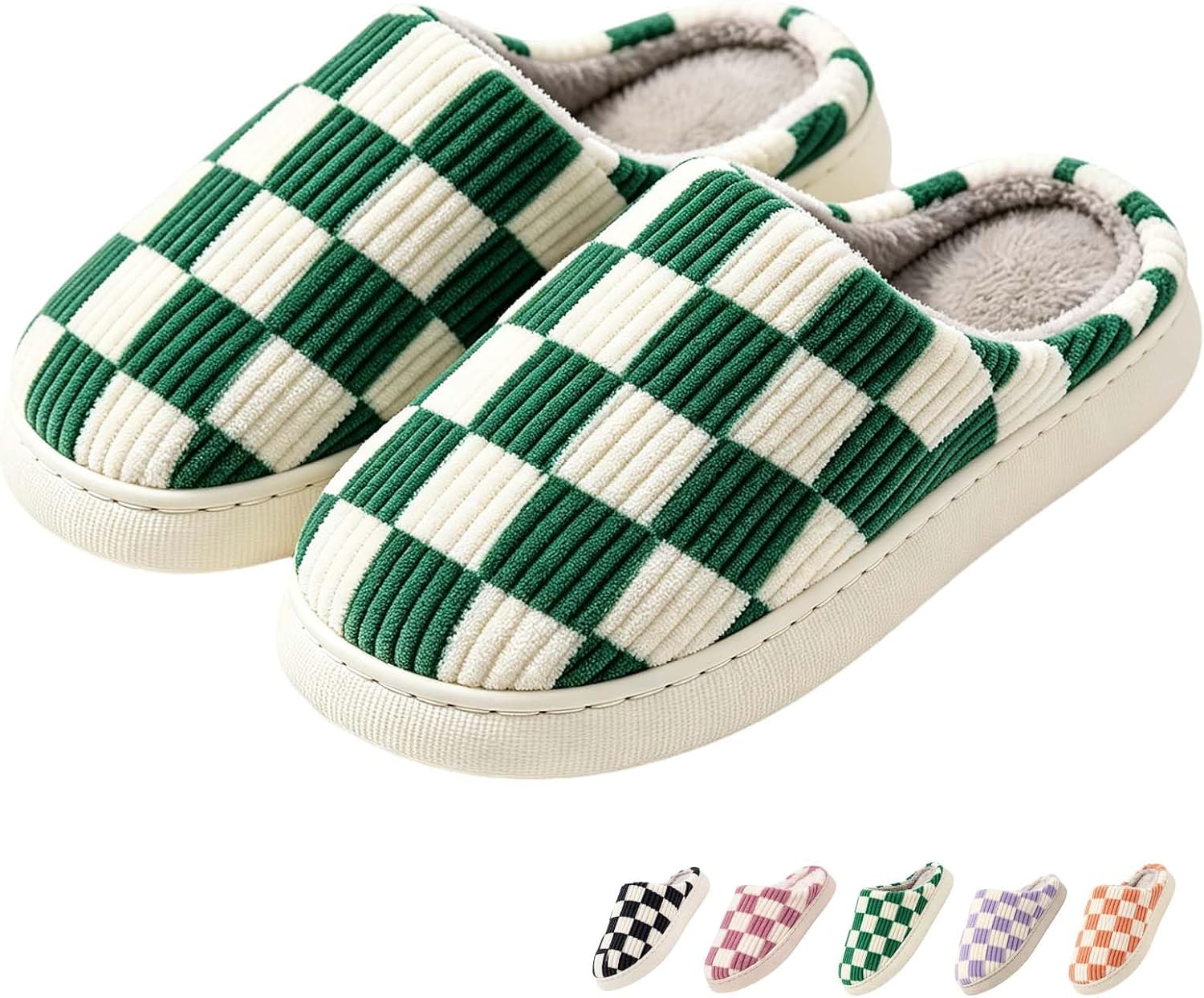 Checkered Slippers for Women and Men - Fuzzy House Slippers with Memory Foam, Comfy Plush Fluffy Indoor House Shoes, Cozy Warm Slip on Bedroom Slippers with Non-Slip Sole